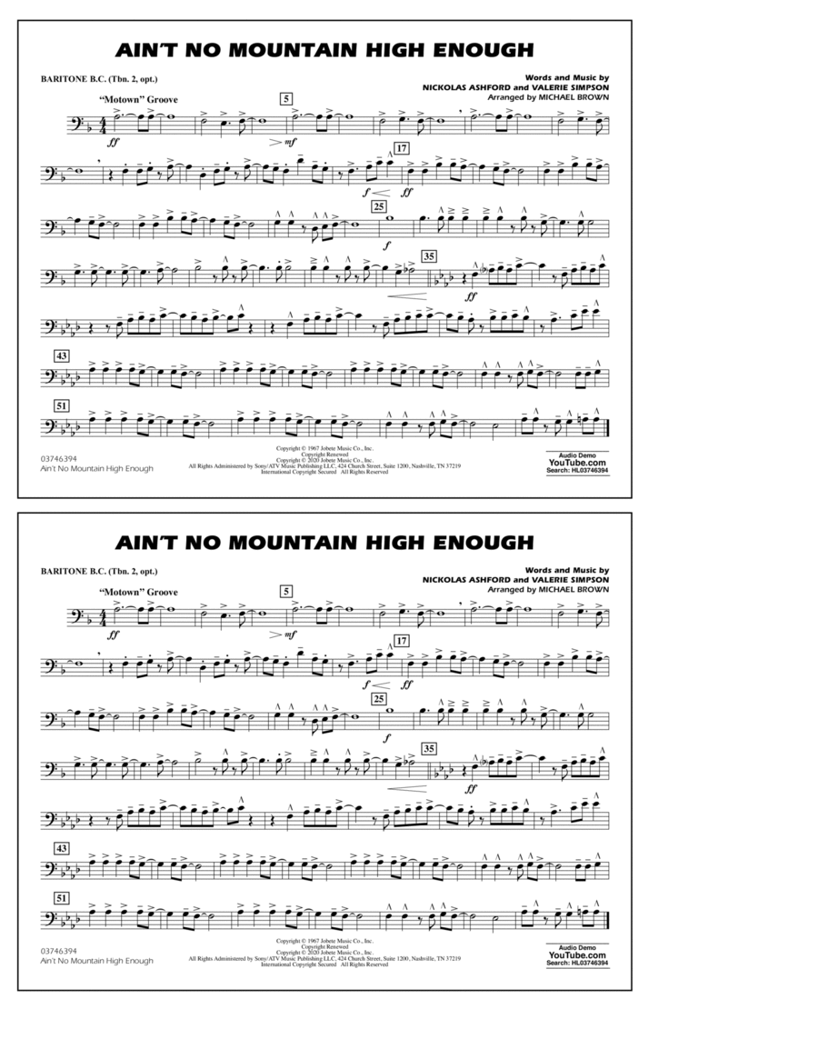 Ain't No Mountain High Enough (arr. Michael Brown) - Baritone B.C. (Opt. Tbn. 2) Marching Band scores gallery preview page 1