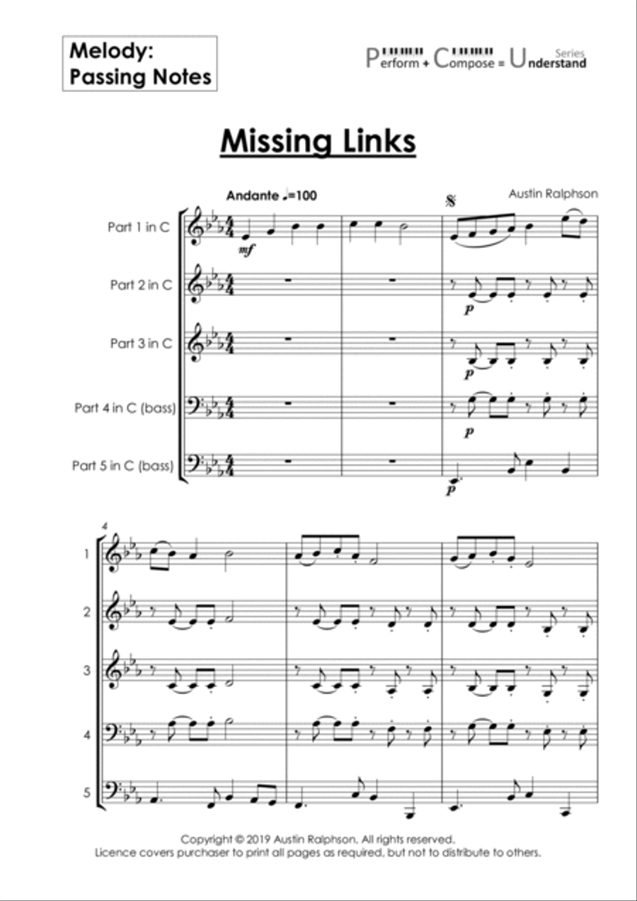 Melody: Passing Notes educational pack - Perform Compose Understand PCU Series School and Community scores gallery preview page 6