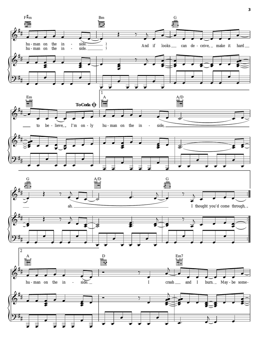 Human On The Inside Piano, Vocal, Guitar scores gallery preview page 3