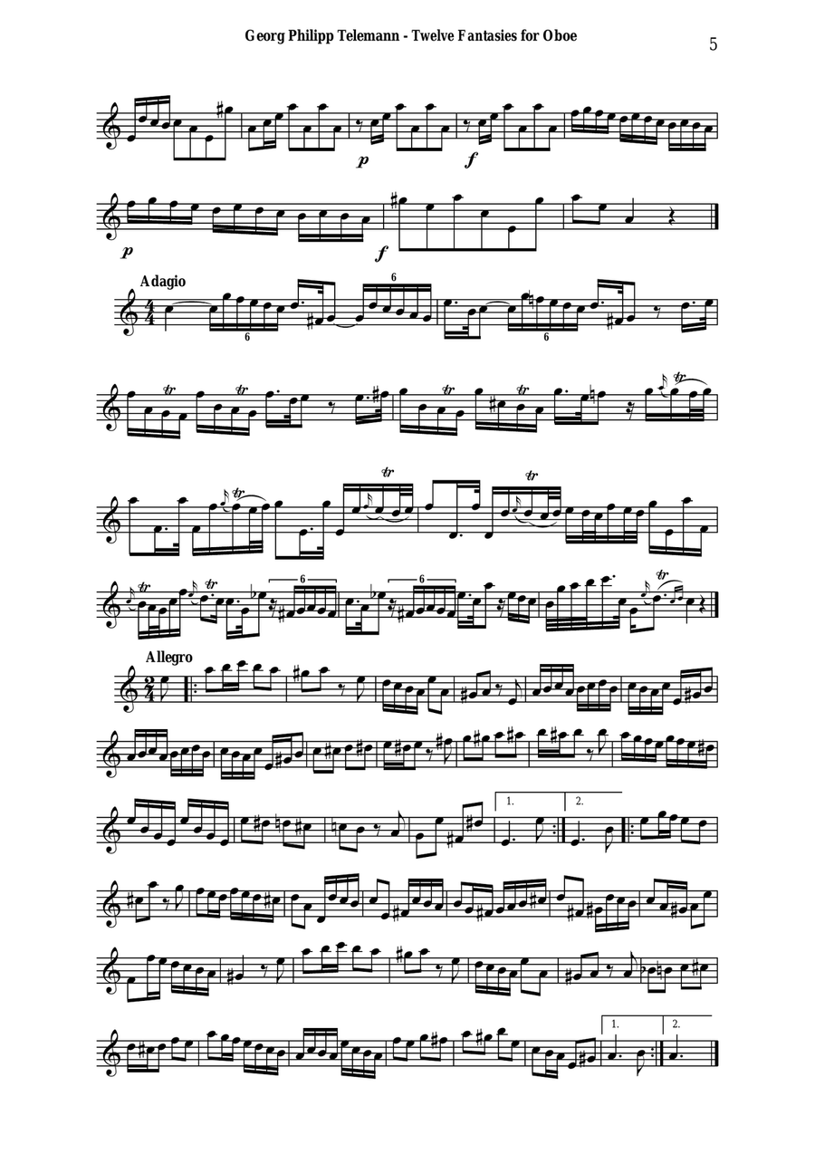 Georg Philipp Telemann: 12 Fantasias for Flute without Bass, TWV 40:2-13, adapted for oboe by Paul W Flute scores gallery preview page 5