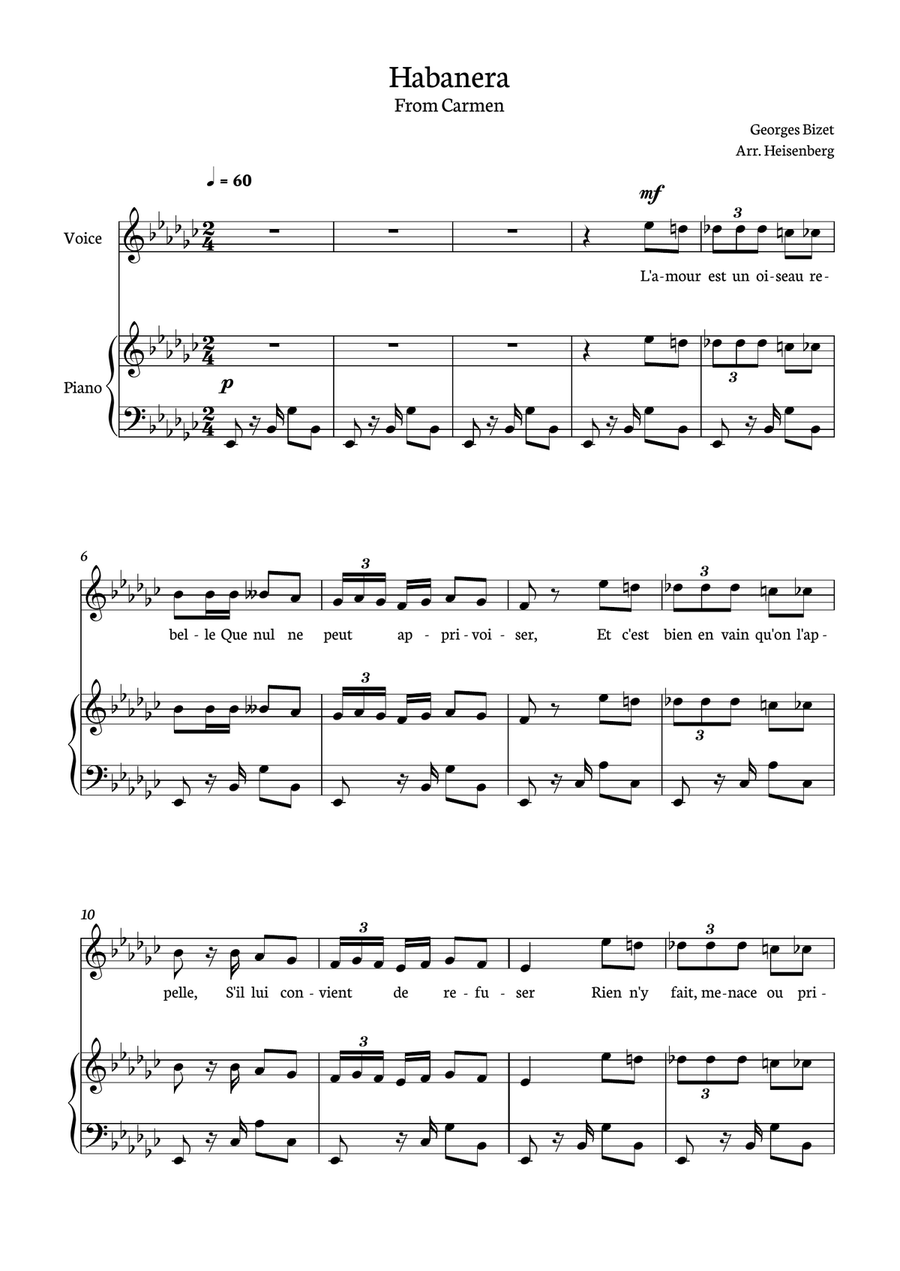 Habanera - Carmen for piano and voice in Eb minor. Piano, Vocal scores gallery preview page 1