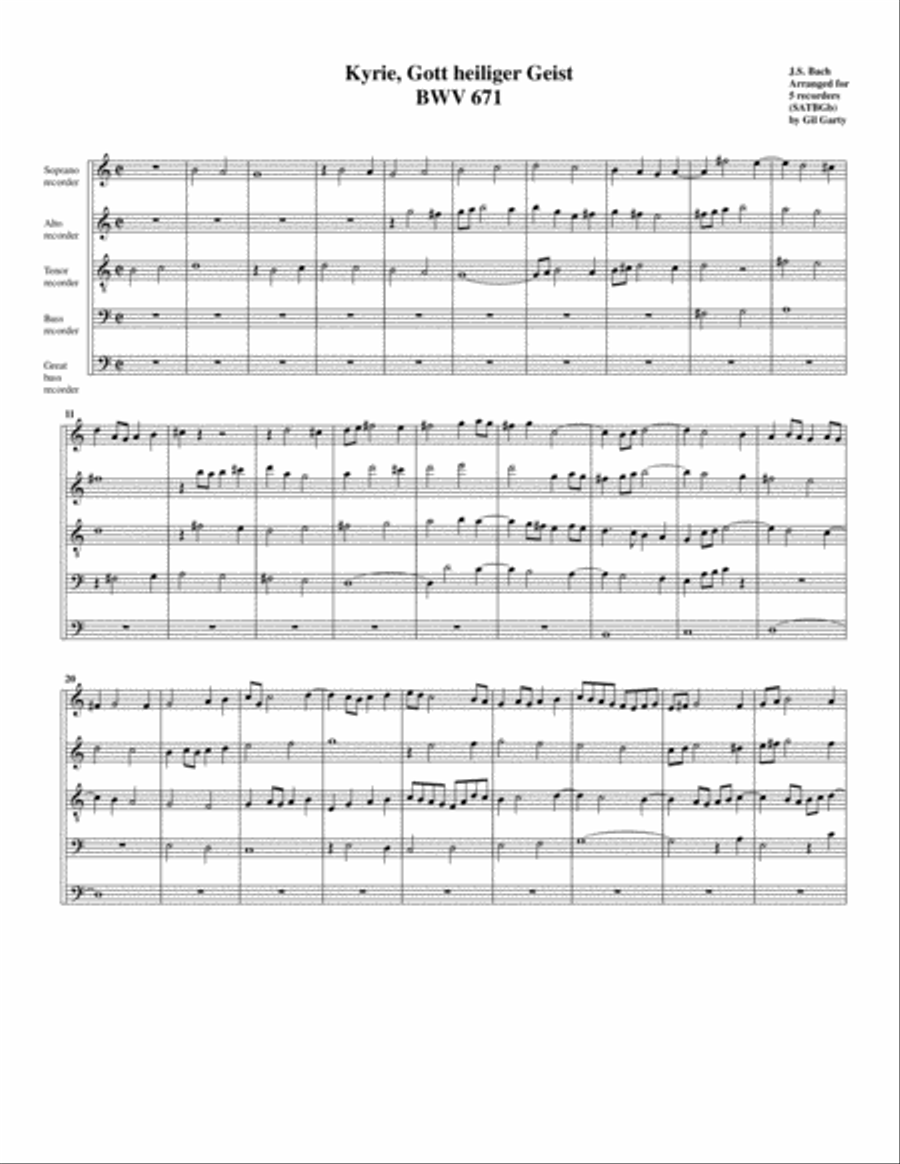 Kyrie, Gott, heiliger Geist, BWV 671 from Klavier Uebung, III. Teil (arrangement for 5 recorders) Recorder scores gallery preview page 1