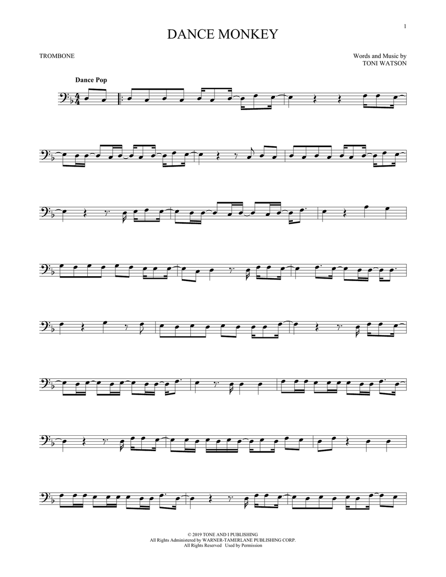 Dance Monkey Trombone Solo scores gallery preview page 1