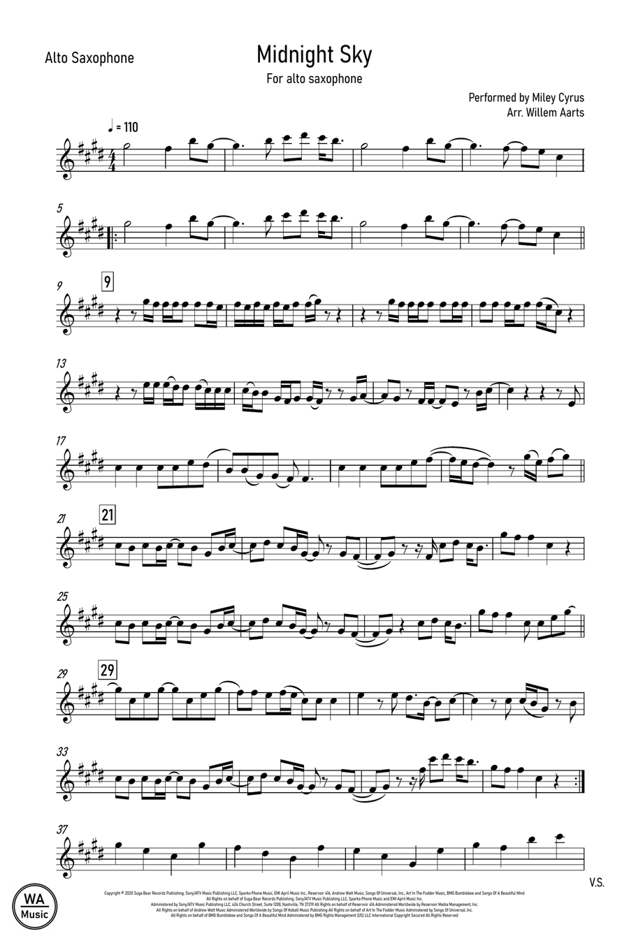 Midnight Sky by Miley Cyrus Alto Saxophone Digital Sheet Music
