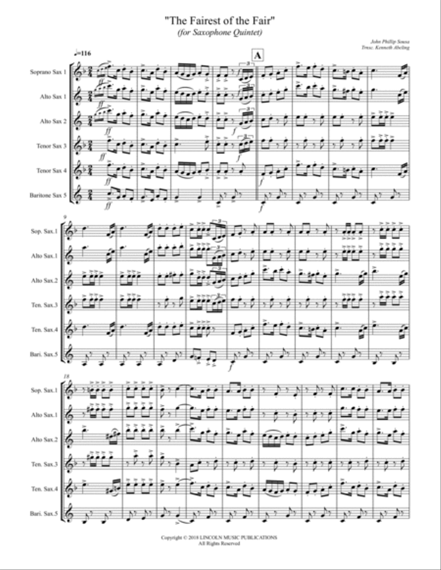 March – The Fairest of the Fair (for Saxophone Quintet SATTB or AATTB) Saxophone Quintet scores gallery preview page 2