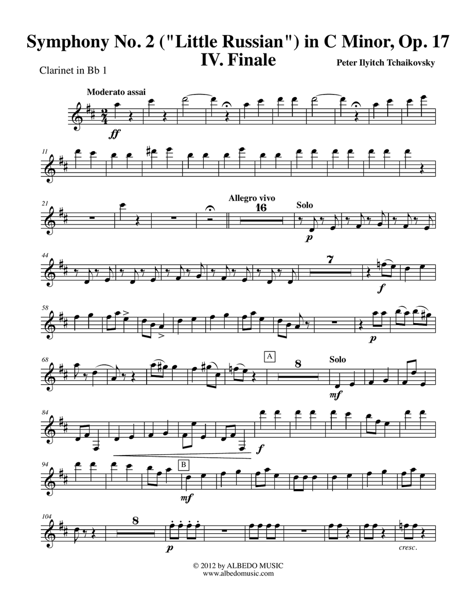 Tchaikovsky Symphony No. 2, Movement IV - Clarinet in Bb 1 (Transposed Part), Op. 17 B-Flat Clarinet scores gallery preview page 1