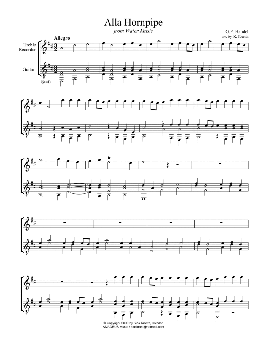 Alla Hornpipe from Water Music for treble recorder and guitar image number null
