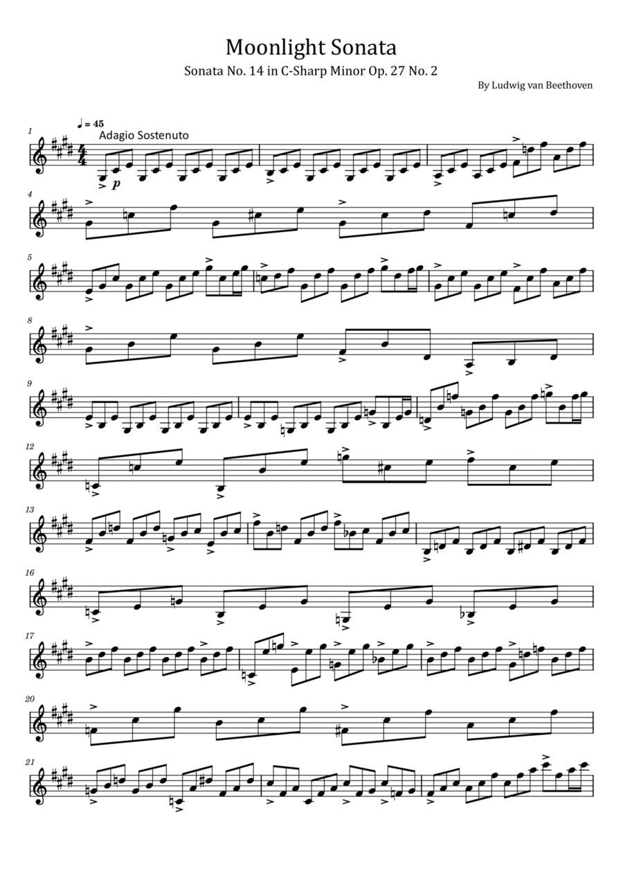 Moonlight Sonata - Sonata No. 14 in C-Sharp Minor Op. 27 No. 2 - For violin solo Violin Solo scores gallery preview page 1