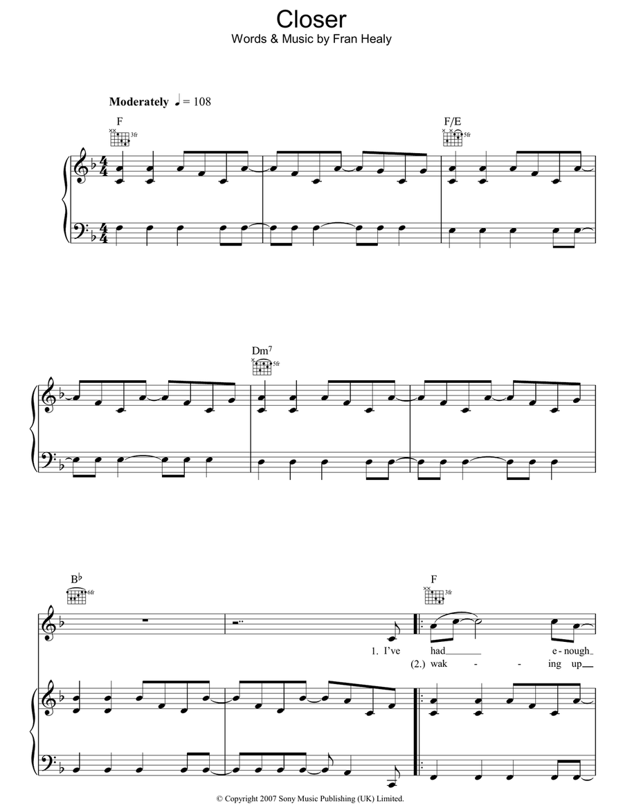 Closer Piano, Vocal, Guitar scores gallery preview page 1