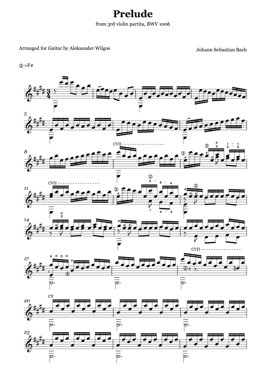 J. S. Bach - Prelude BWV 1006, transcr. for guitar Classical Guitar scores gallery preview page 1