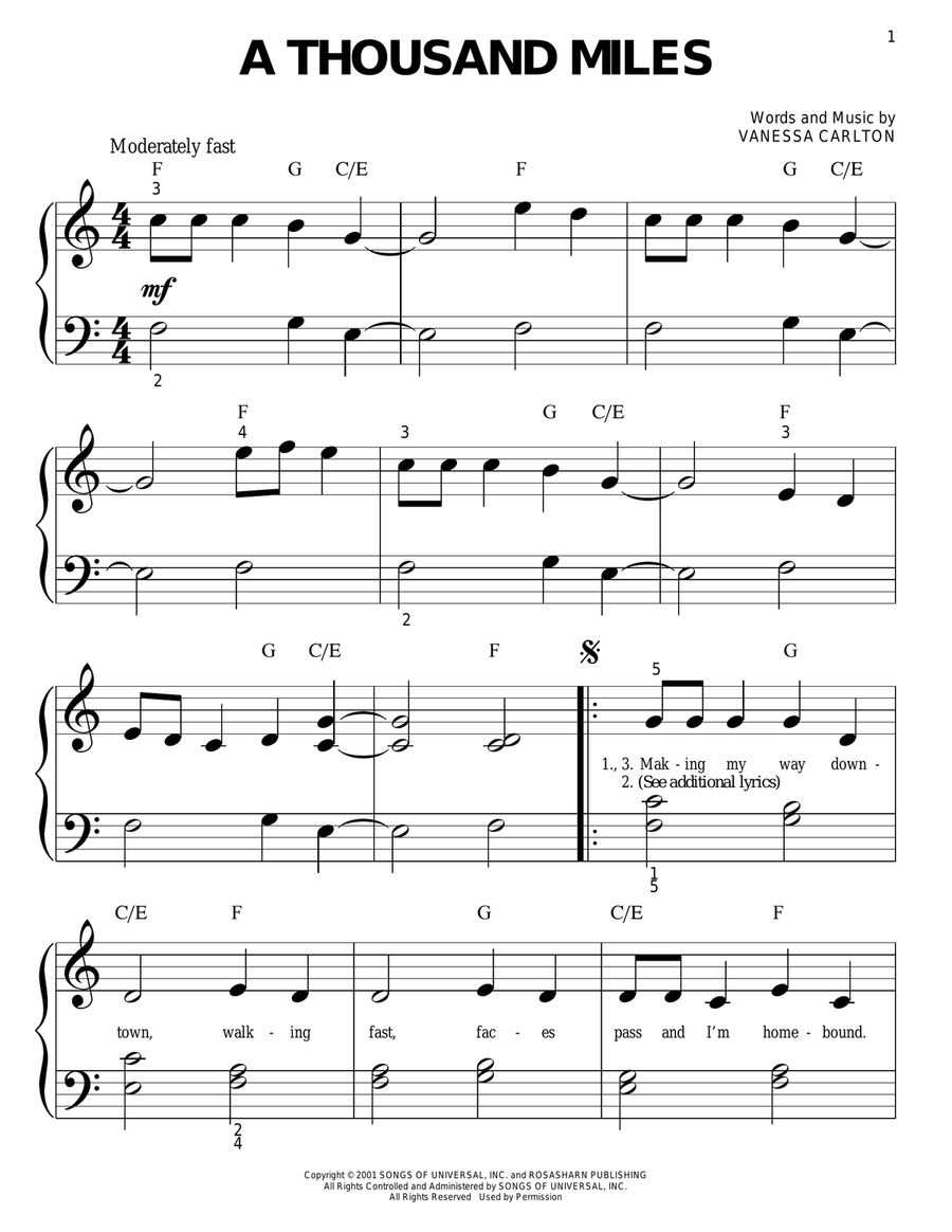 A Thousand Miles Easy Piano scores gallery preview page 1