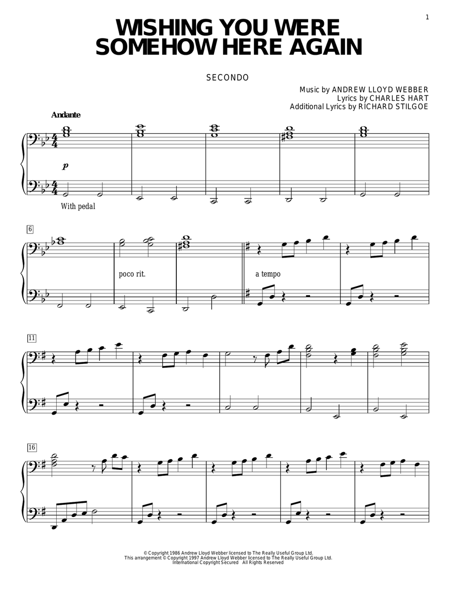 Wishing You Were Somehow Here Again (from The Phantom Of The Opera) Piano Duet scores gallery preview page 1