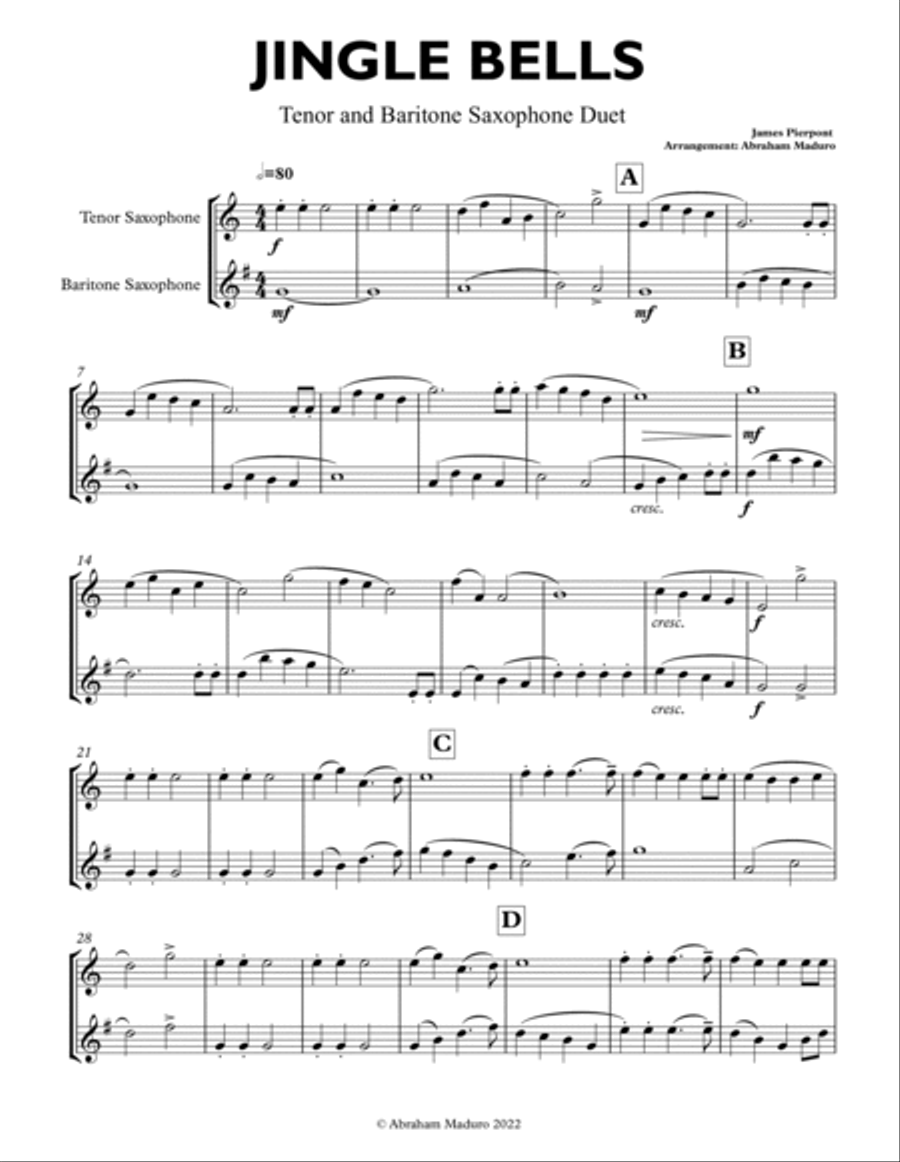 Jingle Bells Tenor and Baritone Saxophone Duet Woodwind Duet scores gallery preview page 2