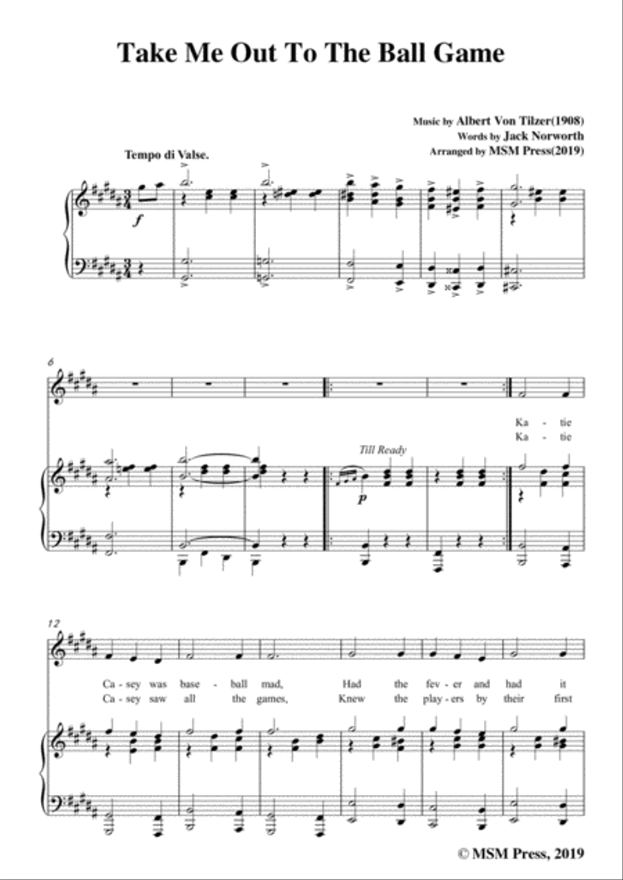 Albert Von Tilzer-Take Me Out To The Ball Game,in B Major,for Voice&Piano Voice scores gallery preview page 3