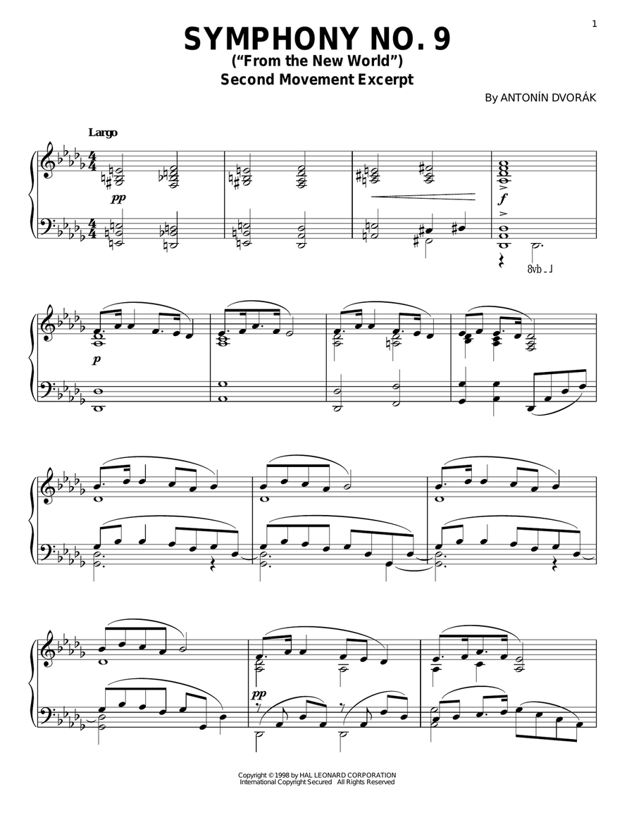 Symphony No. 9 In E Minor (From The New World), Second Movement Excerpt Piano Solo scores gallery preview page 1