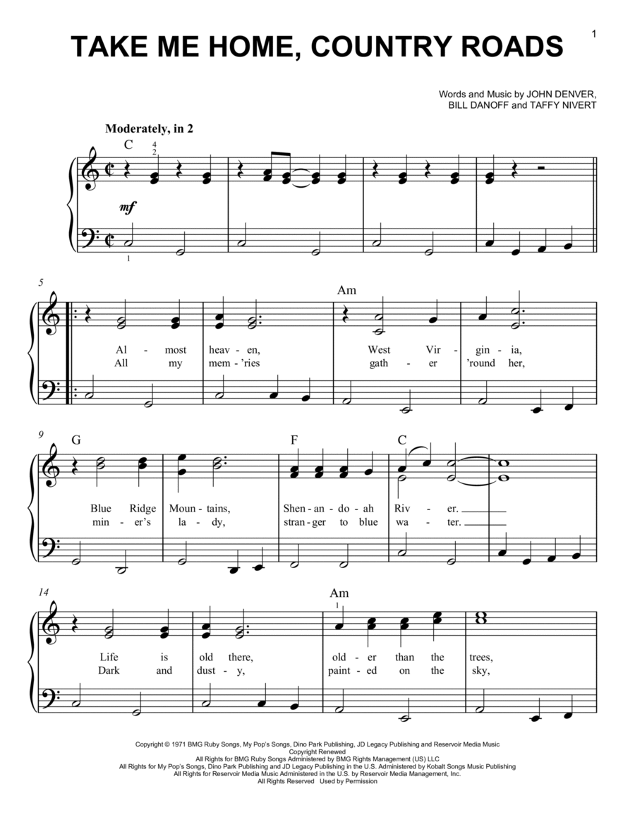 Take Me Home, Country Roads Easy Piano scores gallery preview page 1