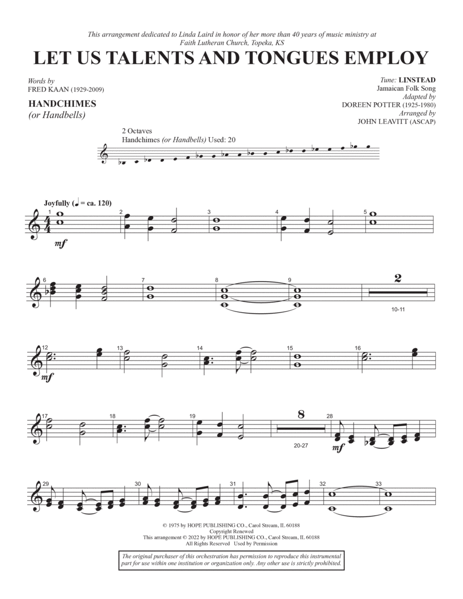 Let Us Talents And Tongues Employ (arr. John Leavitt) - Handchimes (or Handbells) Choir scores gallery preview page 1