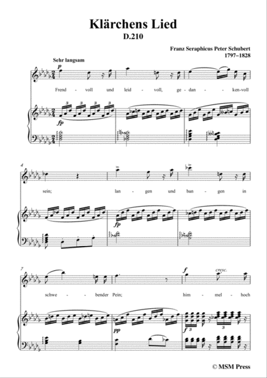 Schubert-Klärchens Lied,Love,D.210,in D flat Major,for Voice&Piano Voice scores gallery preview page 3