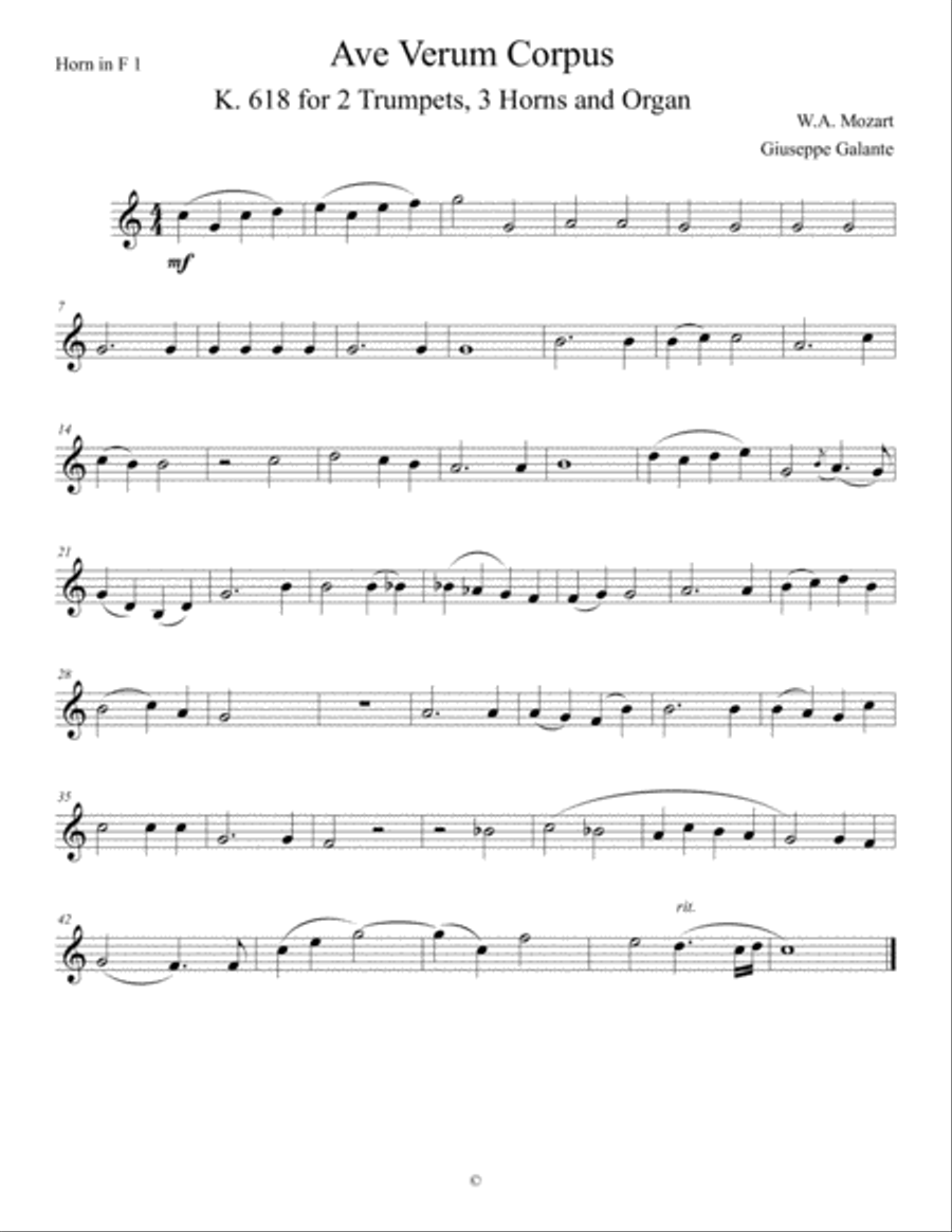 Ave Verum Corpus, K. 618 for 2 Trumpets, 3 Horns and Organ Small Ensemble scores gallery preview page 4