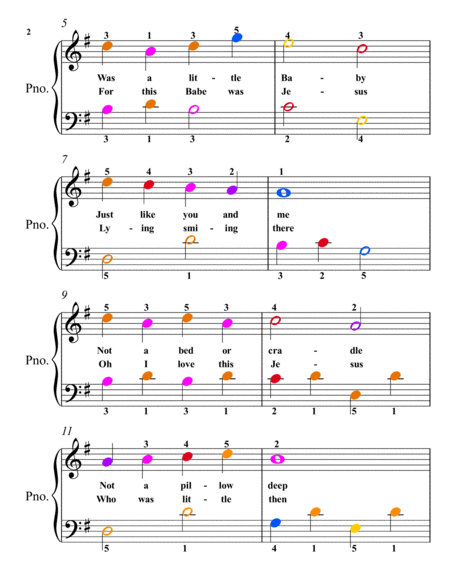 In a Little Stable Easiest Piano Sheet Music with Colored Notation