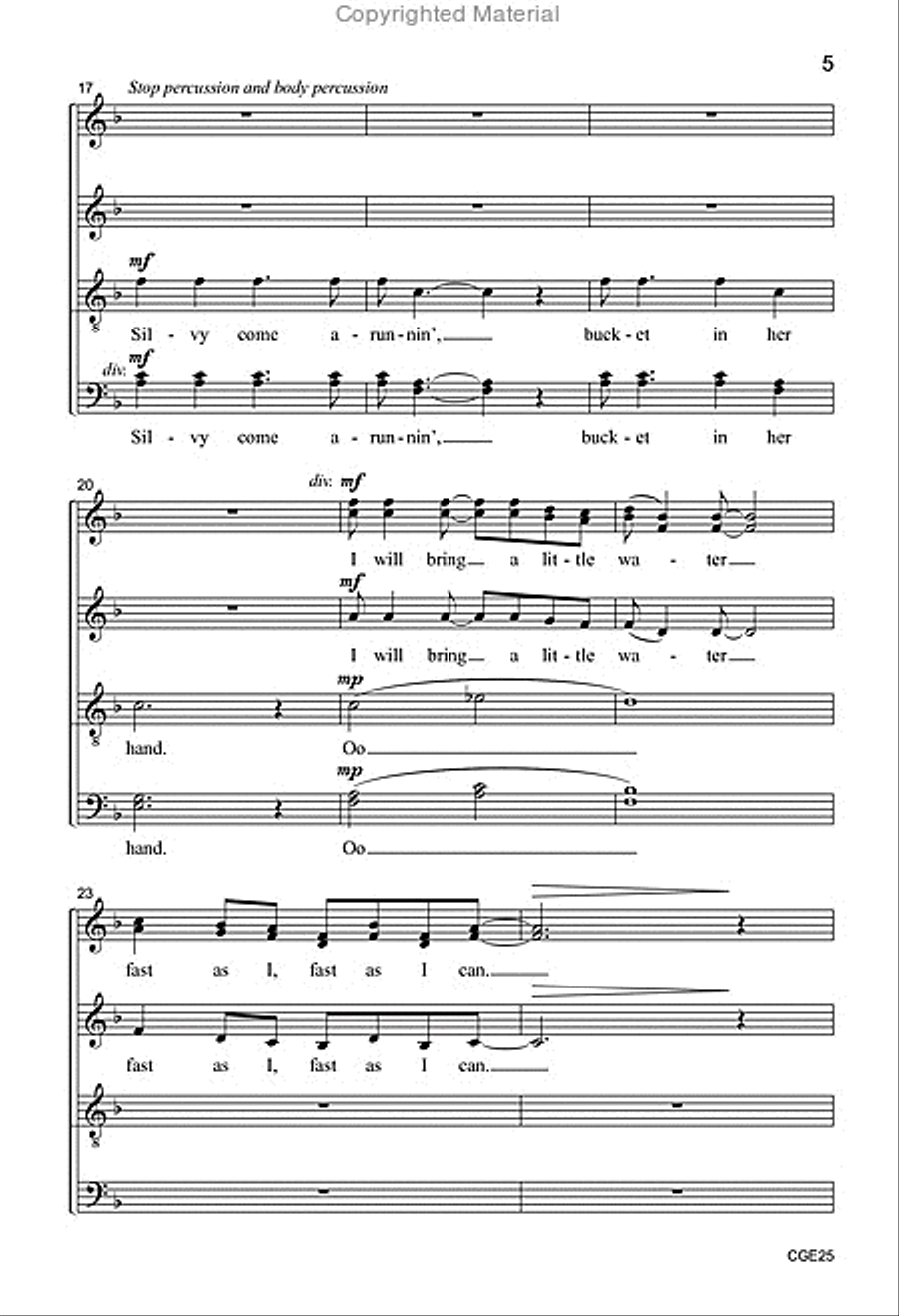 Bring Me Little Water, Silvy (SATB a cappella with opt. percussion) 4-Part scores gallery preview page 4