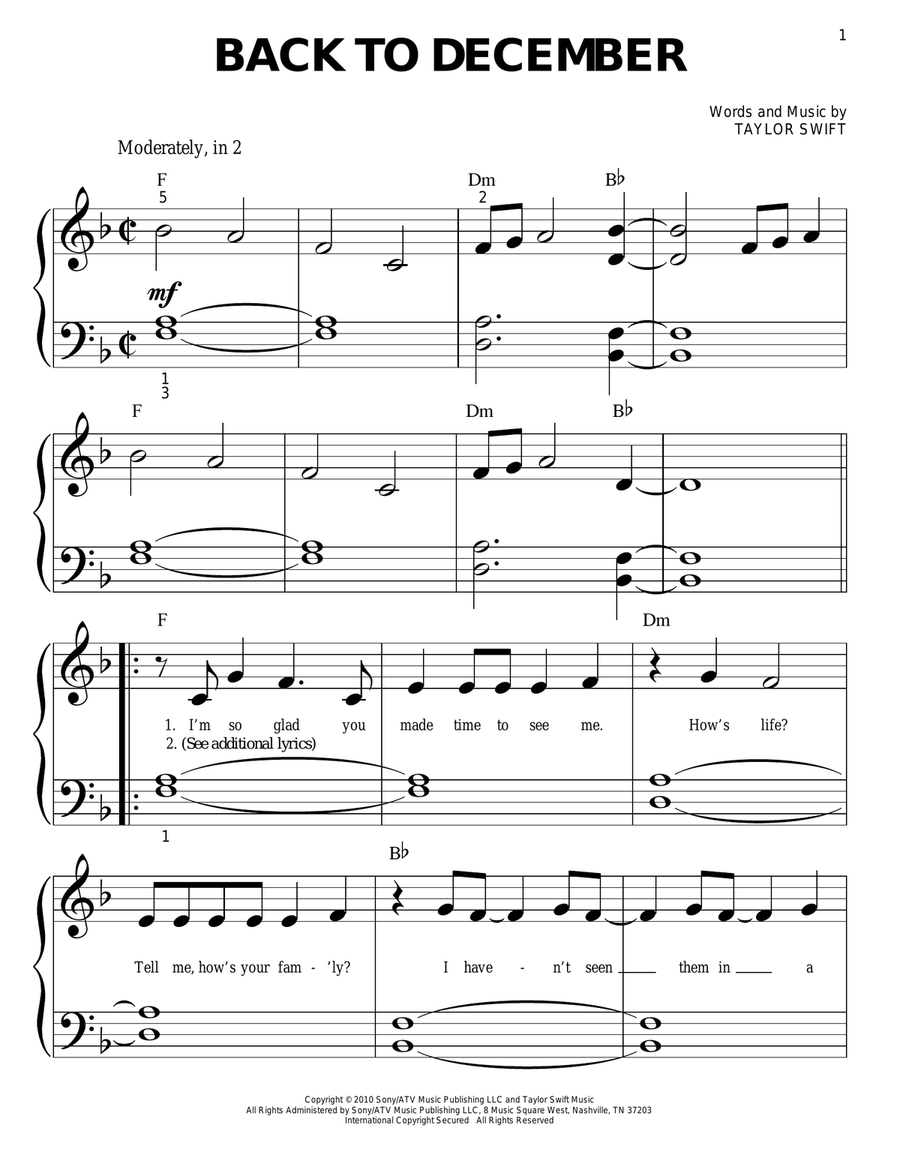Back To December Easy Piano scores gallery preview page 1