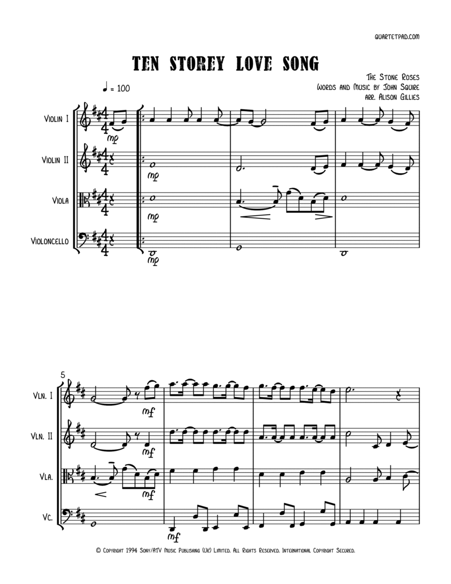 Ten Storey Love Song String Quartet scores gallery preview page 1