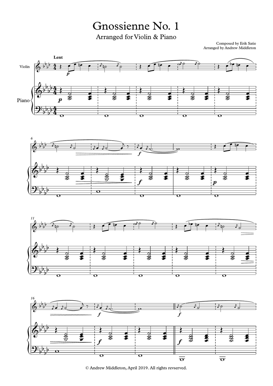 Gnossienne No. 1 arranged for Violin and Piano Small Ensemble scores gallery preview page 3