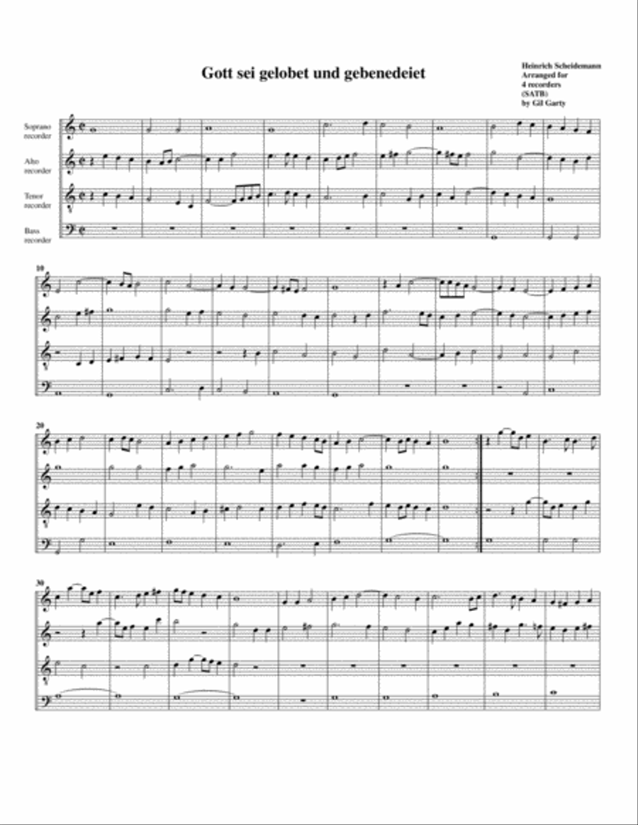 Gott sei gelobet und gebendeiet (arrangement for 4 recorders) Recorder scores gallery preview page 1