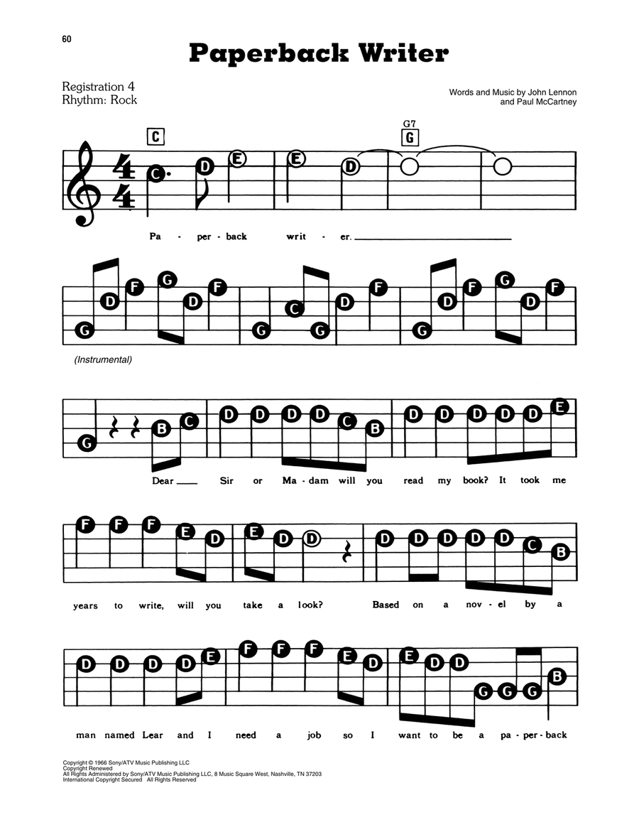 Paperback Writer Paperback Writer Electronic Keyboard scores gallery preview page 1