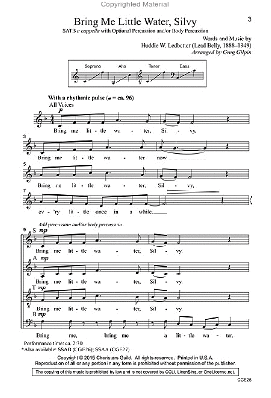 Bring Me Little Water, Silvy (SATB a cappella with opt. percussion) 4-Part scores gallery preview page 2