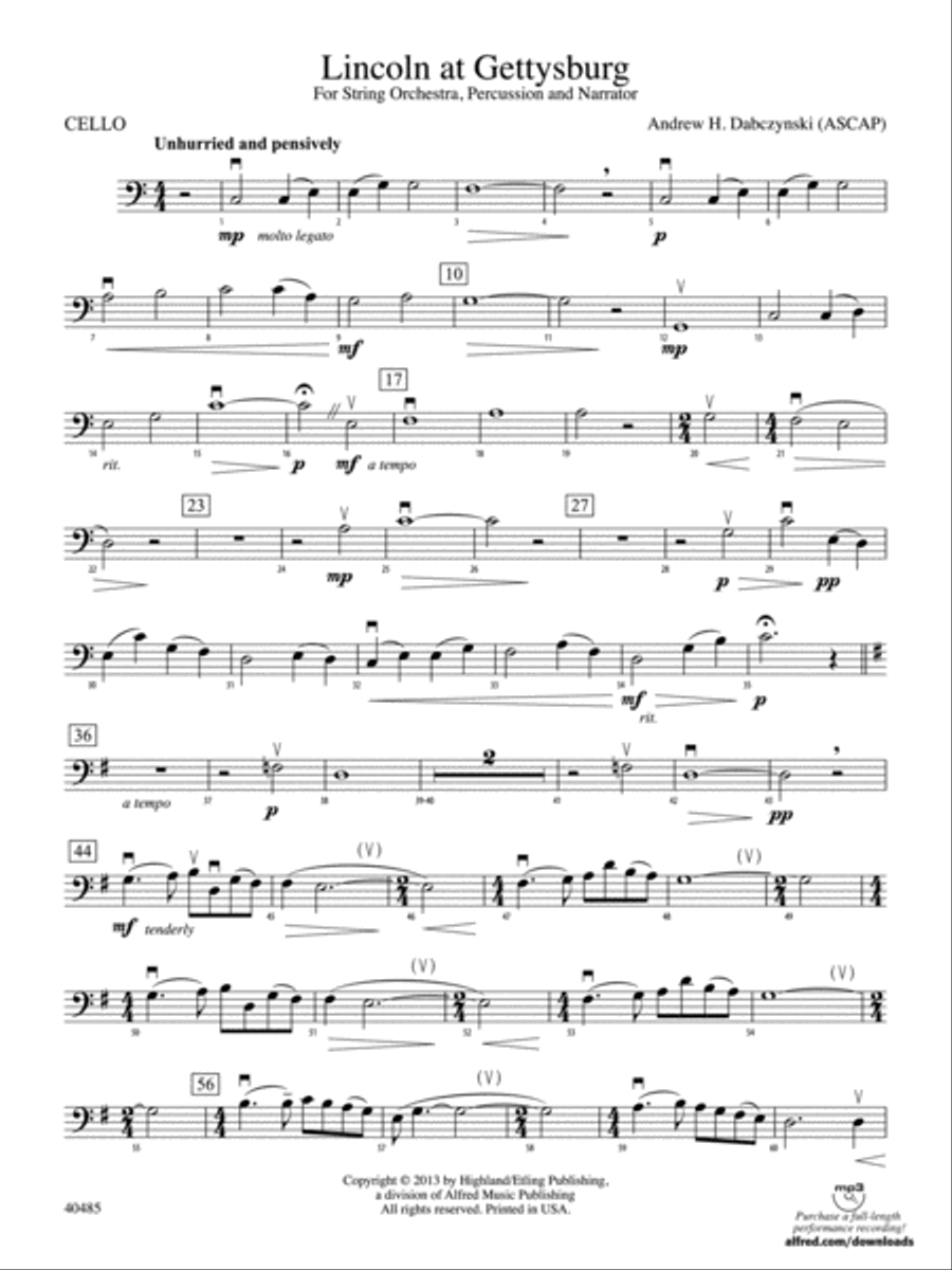 Lincoln at Gettysburg: Cello String Orchestra scores gallery preview page 1
