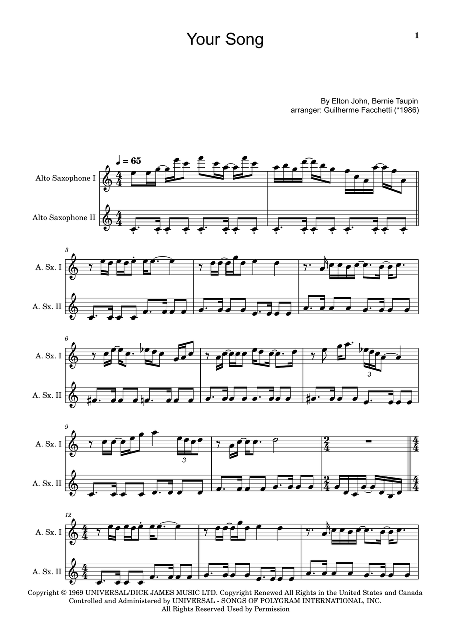 Your Song Woodwind Duet scores gallery preview page 1