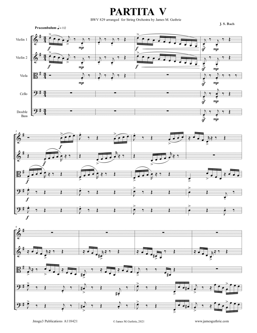 BACH: Partita No. 5 BWV 829 for String Orchestra String Orchestra scores gallery preview page 1