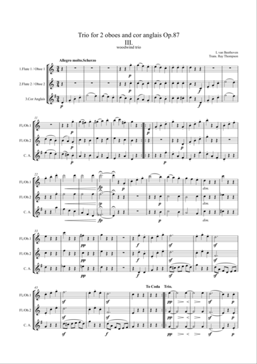 Beethoven: Wind Trio in C Major Op.87 Mvt.III Menuetto and Trio - mixed woodwind trio Woodwind Trio scores gallery preview page 1