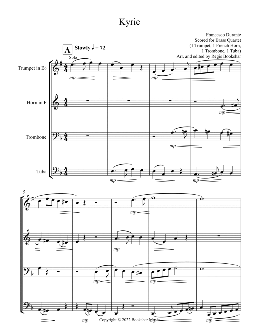 Kyrie (Durante) (Brass Quartet - 1 Trp, 1 Hrn, 1 Trb, 1 Tuba) Brass Quartet scores gallery preview page 1