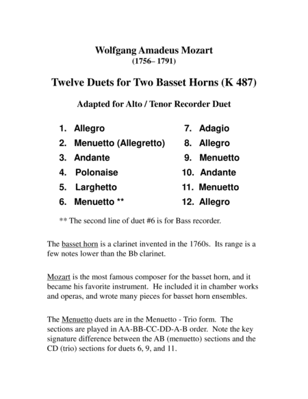 Twelve Mozart Duets for AT Recorders image number null