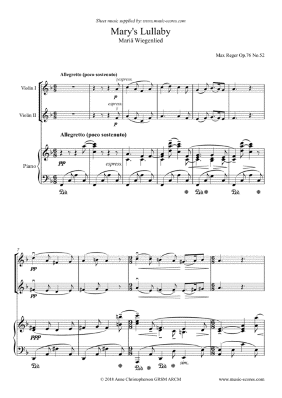 Mary's Lullaby, or Maria Wiegenlied - 2 Violins and Piano Mary's Lullaby, or Maria Wiegenlied - 2 Violins and Piano String Duet scores gallery preview page 1