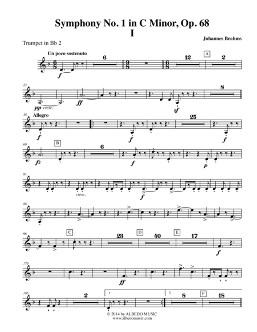 Brahms Symphony No. 1, Movement I - Trumpet in Bb 2 (Transposed Part), Op. 68 B-Flat Trumpet scores gallery preview page 1