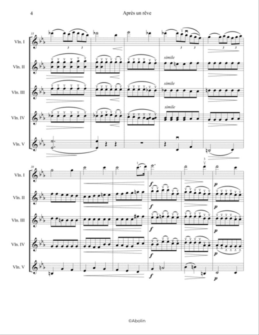 Fauré: Après un rêve - 5 Violins Chamber Music scores gallery preview page 5