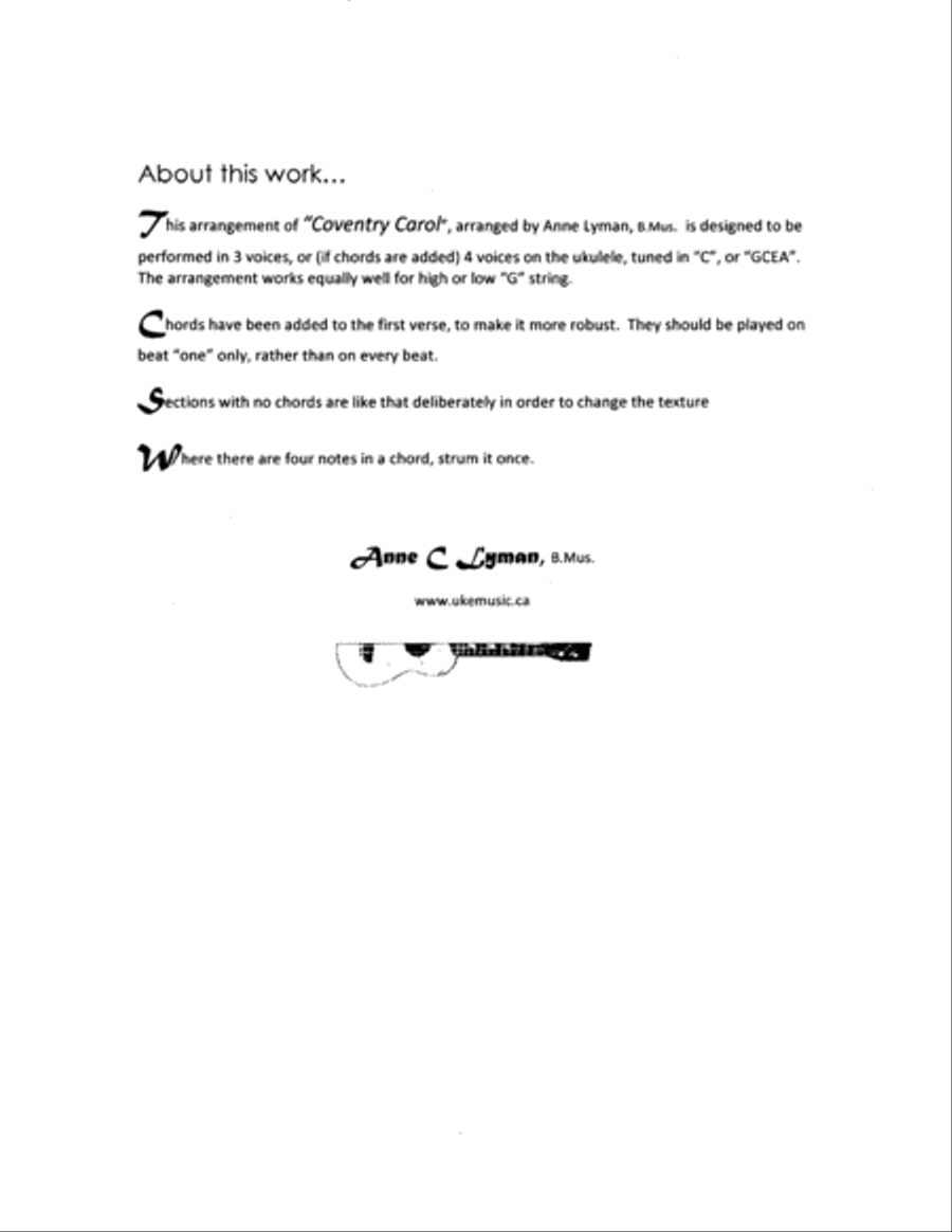 Coventry Carol for Ukulele Ensemble plus Baritone ukulele, Early-Intermediate level Voice scores gallery preview page 2