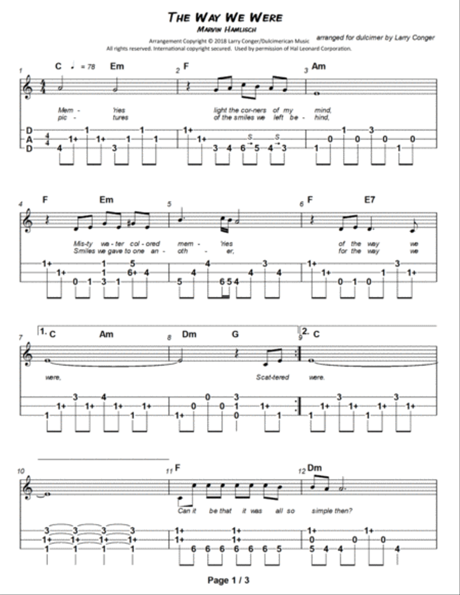 The Way We Were Dulcimer scores gallery preview page 2