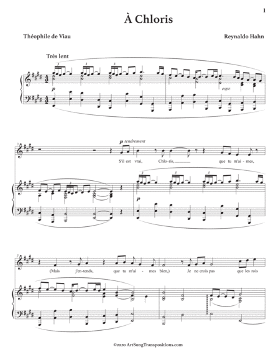 HAHN: À Chloris (transposed to E major) Voice scores gallery preview page 2