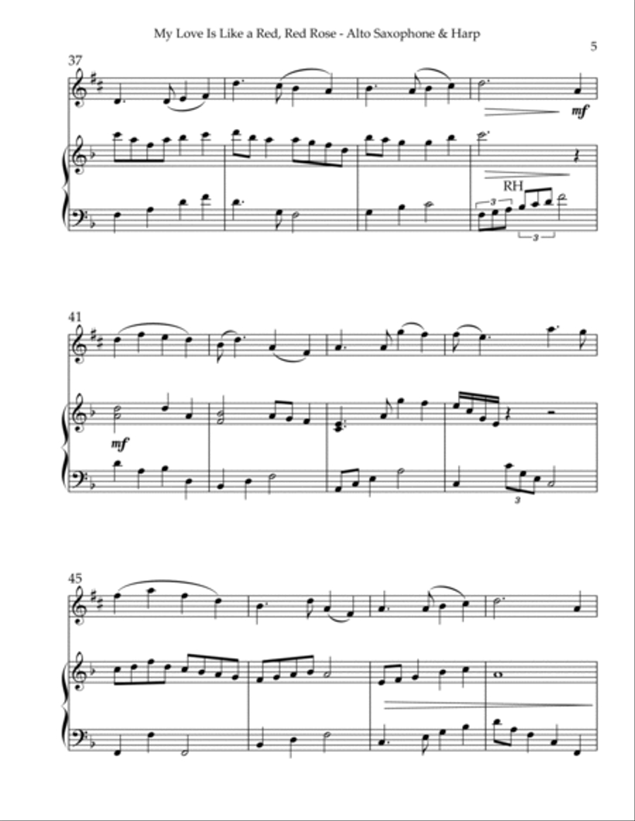 My Love Is Like A Red, Red Rose, Duet for Eb Alto Saxophone & Harp Alto Saxophone scores gallery preview page 5