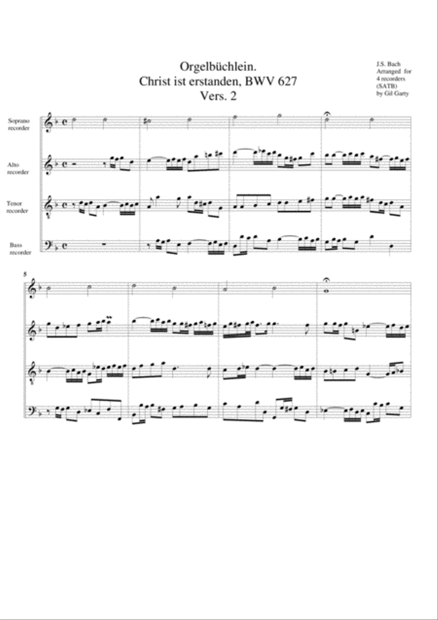 Christ ist erstanden, BWV 627 from Orgelbuechlein (arrangement for 4 recorders) Recorder scores gallery preview page 3