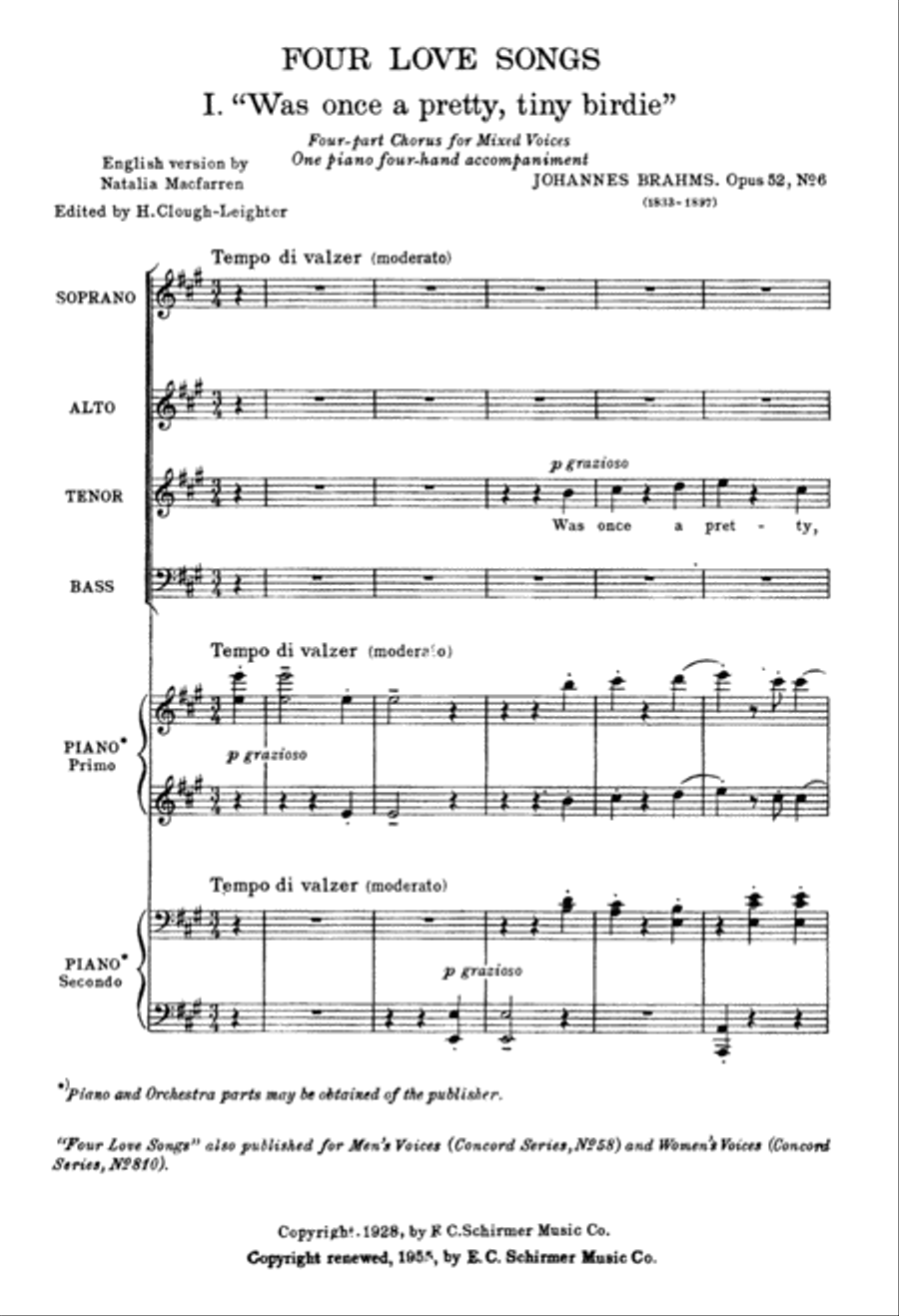 Four Love Song Waltzes, Op.52/6,9,11 & Op.65/8 4-Part scores gallery preview page 2