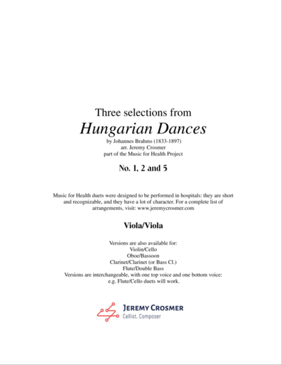 Brahms: Hungarian Dances No. 1, 2 and 5 - Music for Health Duet 2 Violas String Duet scores gallery preview page 1