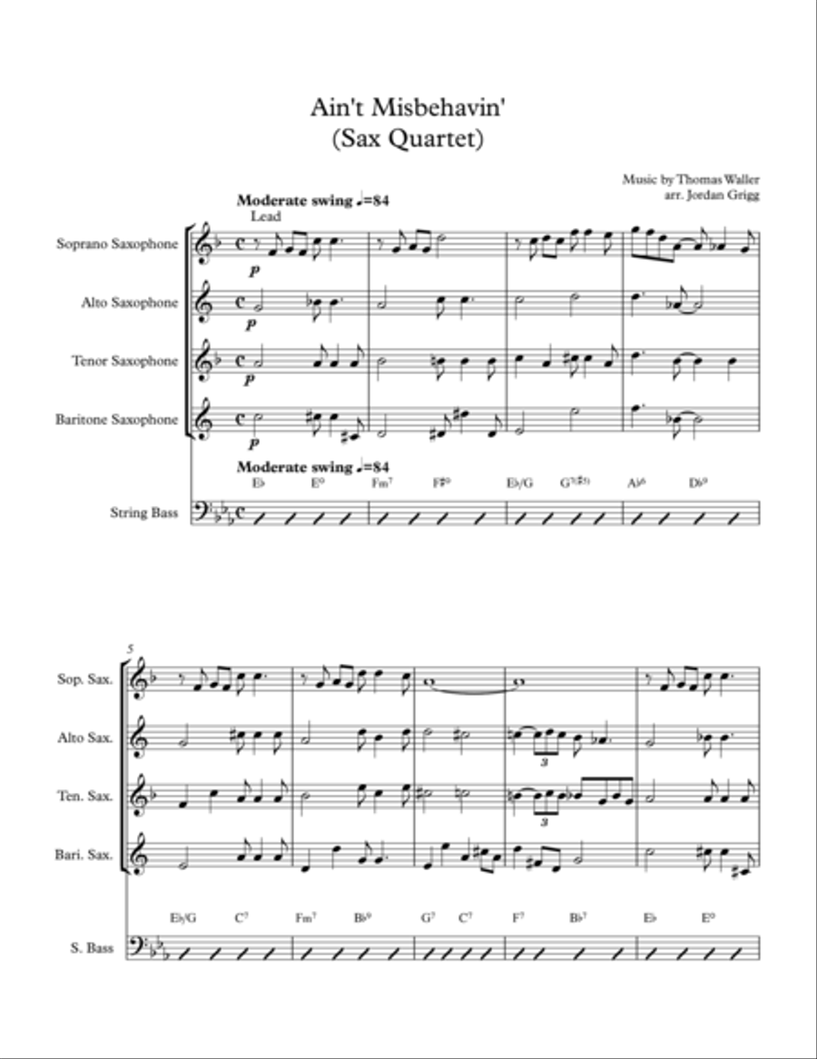 Ain't Misbehavin' (Sax Quartet) Saxophone Quartet scores gallery preview page 1