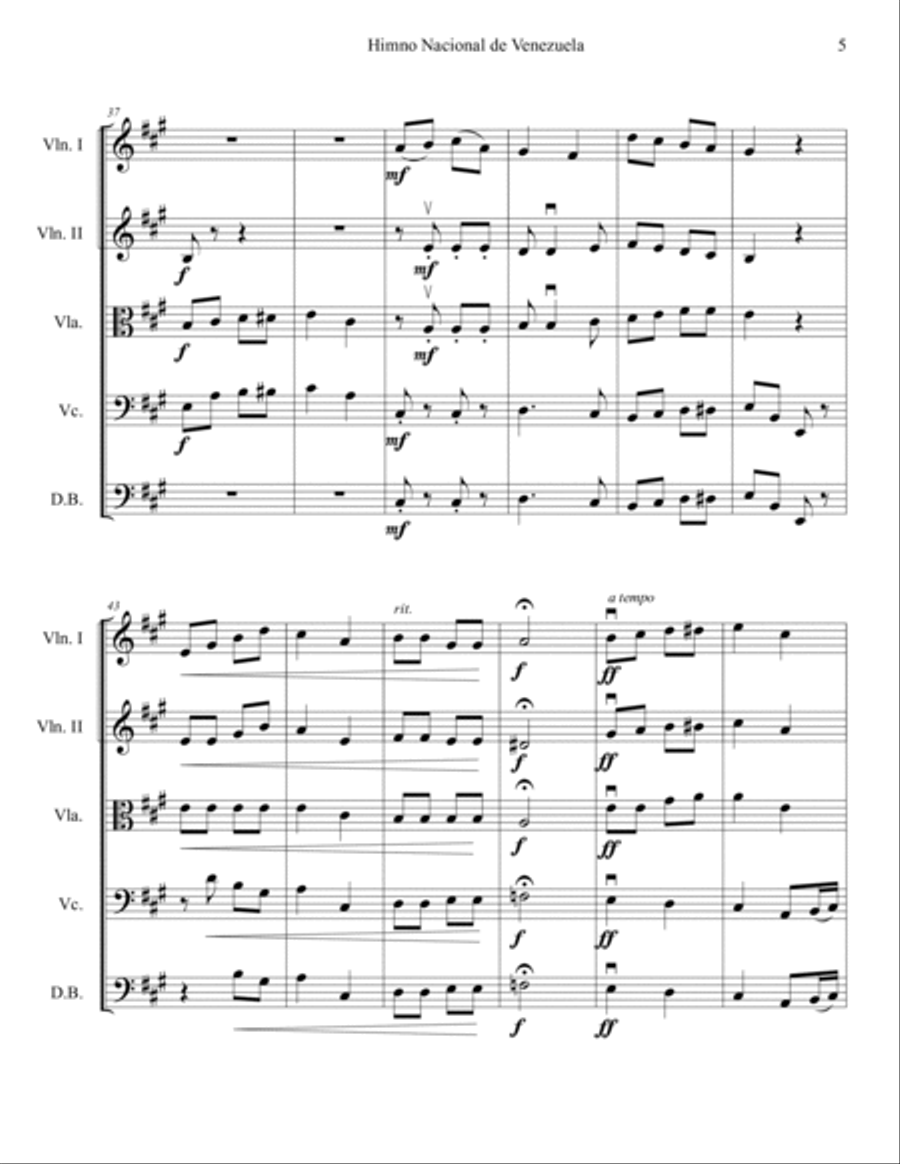 Himno Nacional de Venezuela/Venezuelan National Anthem, for string orchestra. SCORE & PARTS. String Orchestra scores gallery preview page 5