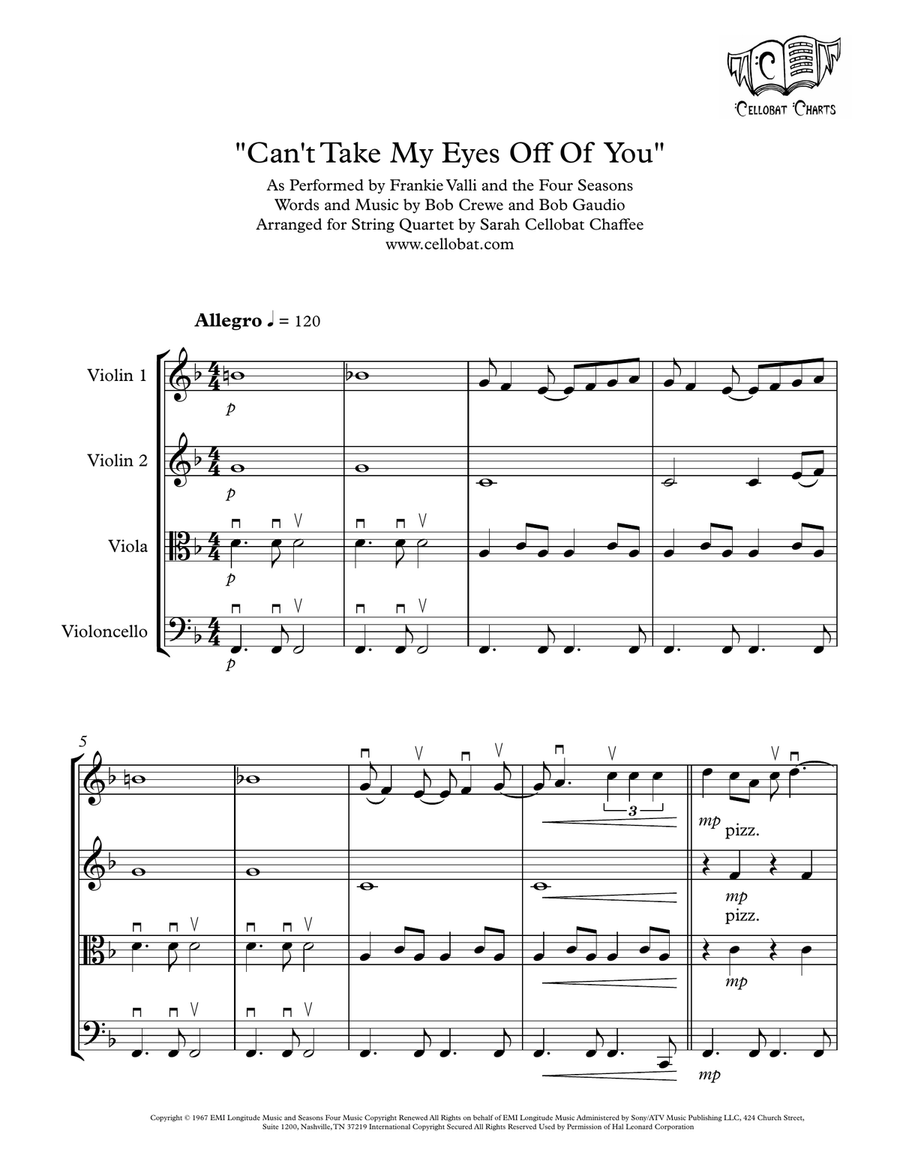 Can't Take My Eyes Off Of You String Quartet scores gallery preview page 1